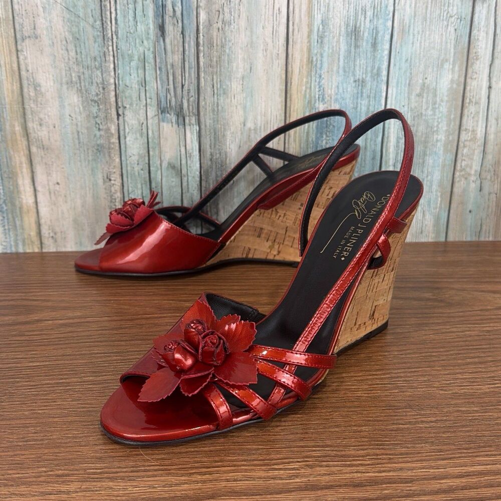 Donald J Pliner Womens 9.5 Red Leather Cork Wedge Slingback Flower Sandals - Picture 2 of 12